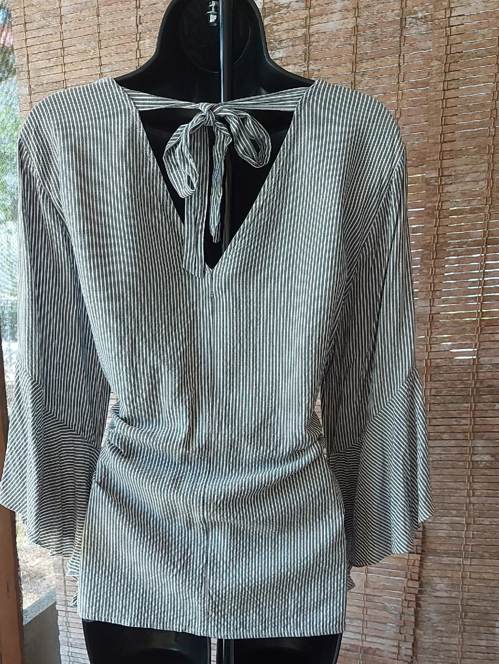 Pleione Black & White Striped V-Neck Bell Sleeve Top - Picture 6 of 9